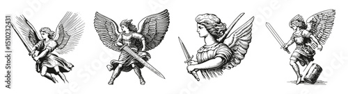 Vintage Engravings of Angelic Warriors with Swords and Wings, vector illustration, engraving design, logo design set, black and white line