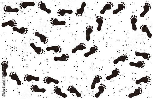 黒の足跡と地面を表現した円のドットをランダムに並べ、デザインしたベクターのイラストの壁紙、背景