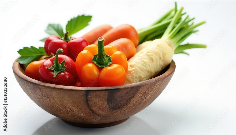 Assortment of dried vegetables, rustic bowl, pure white backdrop, colorful, recipe Assortment of dried vegetables, rustic bowl, pure white backdrop, colorful, recipe