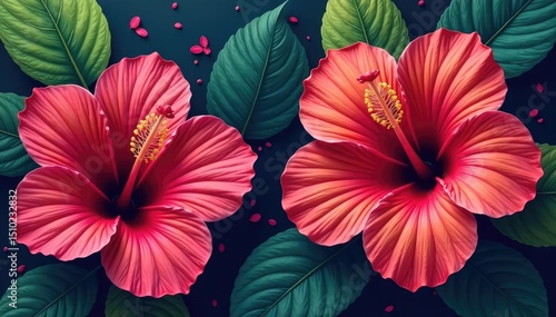 Bold hibiscus blooms, vibrant tropical design, nature, leaves, yellow