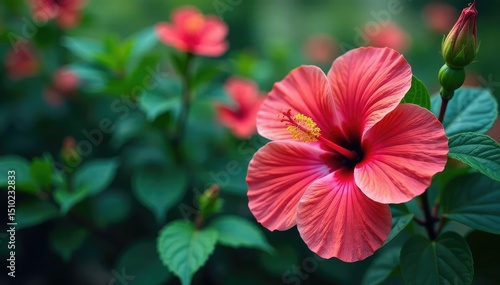 Bold hibiscus blooms, lush tropical foliage, vibrant color palette, yellow, summer