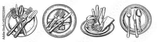 Vintage Cutlery and Tableware Illustrations for Dining Scenes, vector illustration, engraving design, logo design set, black and white line