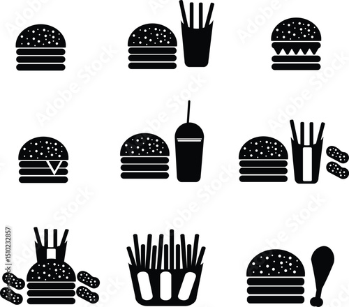 A collection of black and white silhouette icons representing popular fast-food items on white