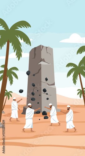 A person is performing the ritual of "Ramī al-Jamarāt" (stoning of the devil) during Hajj. The stone structure is depicted with a person throwing stones towards it in a desert-like setting.