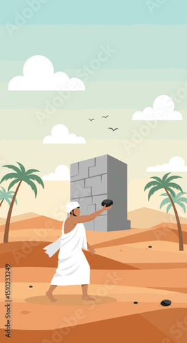 A person is performing the ritual of "Ramī al-Jamarāt" (stoning of the devil) during Hajj. The stone structure is depicted with a person throwing stones towards it in a desert-like setting.