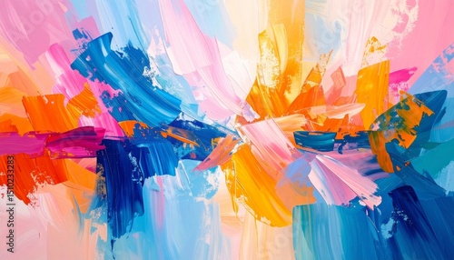 Vibrant abstract painting with bold brushstrokes in pink, blue, orange, and yellow, creating a dynamic burst of color and energy.