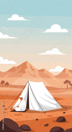 A vast desert landscape filled with white tents, symbolizing the tent cities where pilgrims stay during the Hajj pilgrimage in Saudi Arabia.