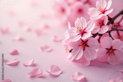 Delicate pink sakura blossoms, scattered petals on soft background, pink flowers, botanical, nature background
