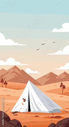A vast desert landscape filled with white tents, symbolizing the tent cities where pilgrims stay during the Hajj pilgrimage in Saudi Arabia.