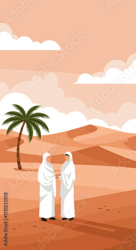 Two individuals, both dressed in white Ihram clothing, are walking together through a desert landscape, possibly during the Hajj pilgrimage in Saudi Arabia.