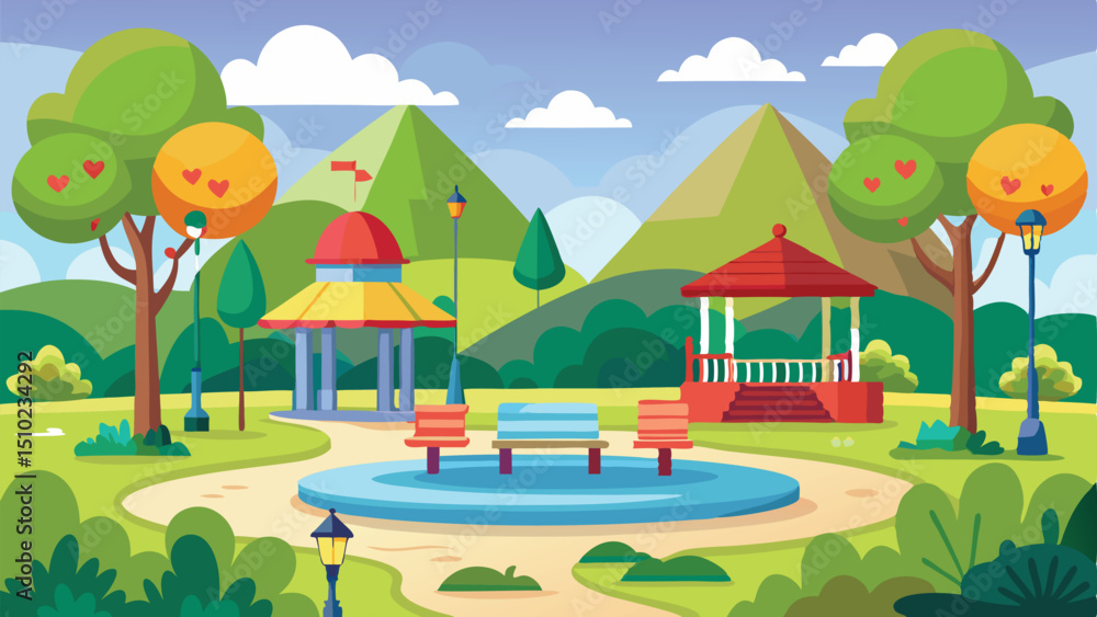 Naklejka premium Vibrant Cartoon Park Scene with Gazebos, Benches, Trees, and Mountain Backdrop