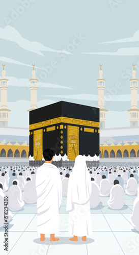 The Kaaba in the center of the Masjid al-Haram surrounded by pilgrims. The clear skies and the iconic structure are highlighted in this Islamic sacred site.