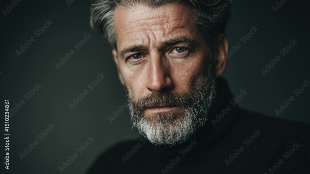 Obraz premium Mature Man with Graying Hair and Beard Close up Portrait Serious Expression