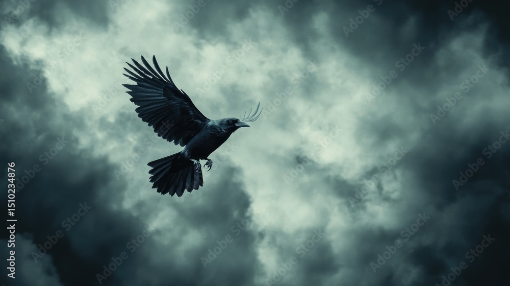 Fototapeta premium Dark raven soaring through stormy skies