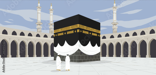 The Kaaba in the center of the Masjid al-Haram surrounded by pilgrims. The clear skies and the iconic structure are highlighted in this Islamic sacred site.