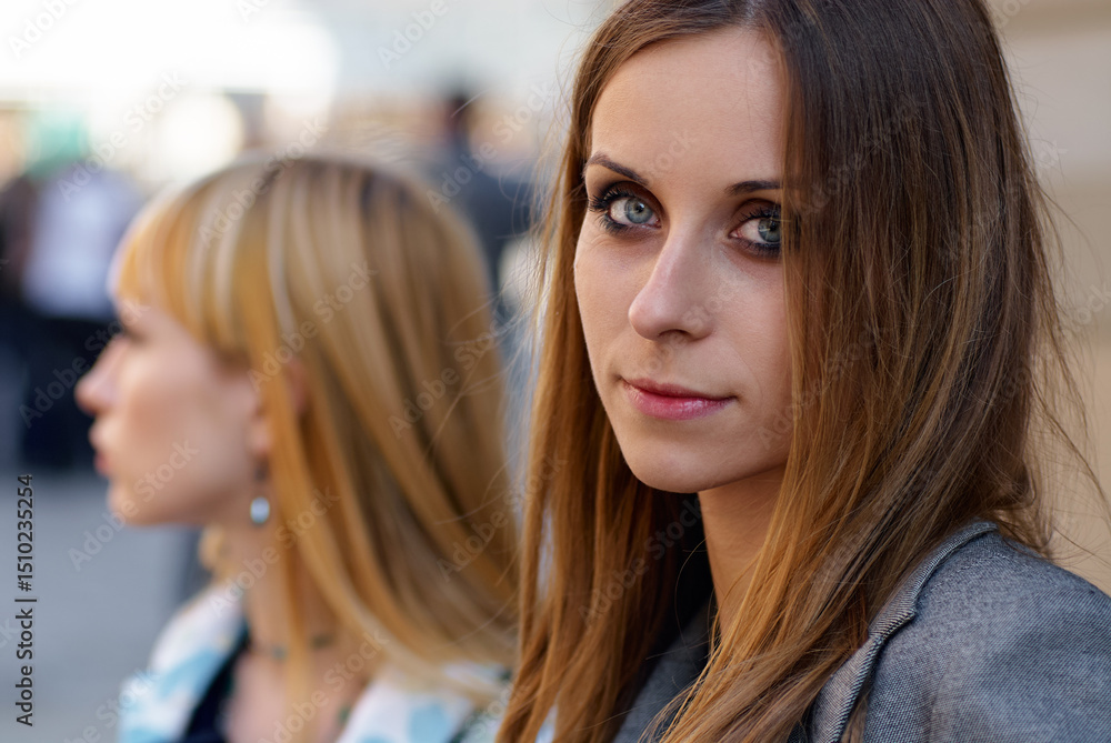 Portrait of Two Women in Urban Setting With Serious Expressions.. Portrait of Two Women in Urban Setting With Serious Expressions..