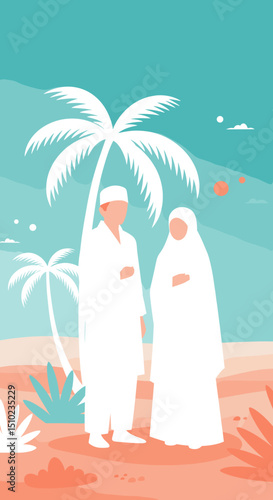 Two individuals, both dressed in white Ihram clothing, are walking together through a desert landscape, possibly during the Hajj pilgrimage in Saudi Arabia.