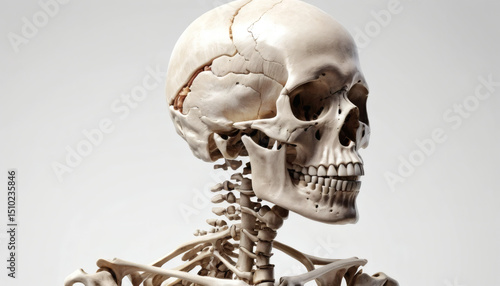 Cracked Skull and Spinal Column: Anatomical Skeleton Study on White.