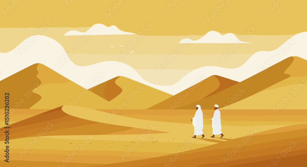 Fototapeta premium Two individuals, both dressed in white Ihram clothing, are walking together through a desert landscape, possibly during the Hajj pilgrimage in Saudi Arabia.