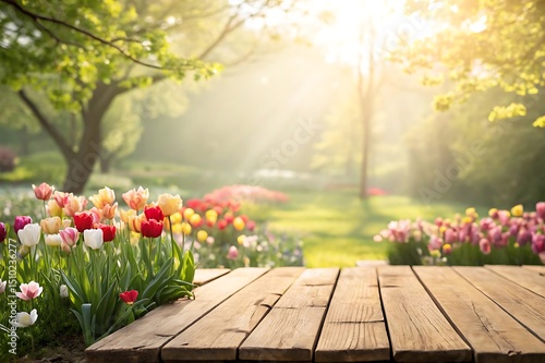 Wooden table with blurred garden background, tulips, bright sunlight, and floral colors. Perfect for product display, spring or summer design, rustic nature showcase scenes.

