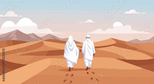 Two individuals, both dressed in white Ihram clothing, are walking together through a desert landscape, possibly during the Hajj pilgrimage in Saudi Arabia.