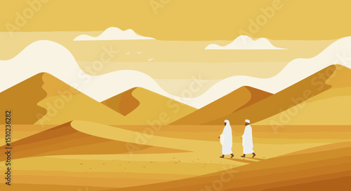 Two individuals, both dressed in white Ihram clothing, are walking together through a desert landscape, possibly during the Hajj pilgrimage in Saudi Arabia.
