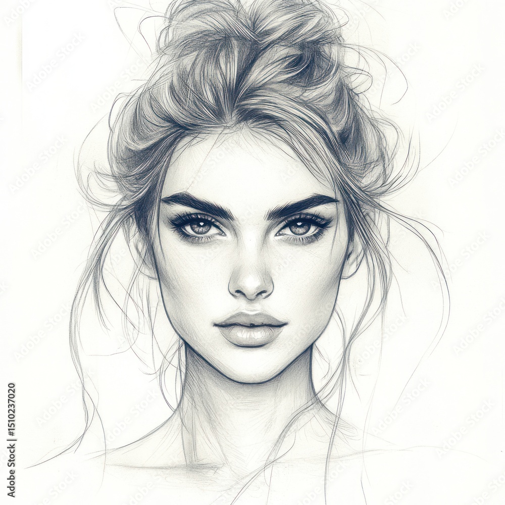 Fototapeta premium A Penciled Portrait of a Woman with an Updo Hairstyle