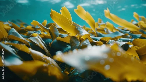 Sunlight filters through yellow kelp in marine ecosystem.