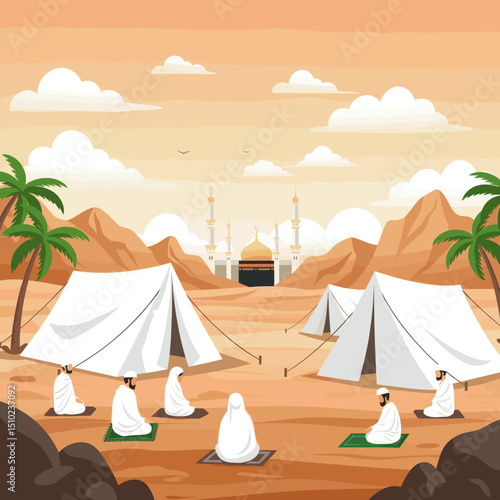 A vast desert landscape filled with white tents, symbolizing the tent cities where pilgrims stay during the Hajj pilgrimage in Saudi Arabia.