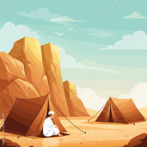 A vast desert landscape filled with white tents, symbolizing the tent cities where pilgrims stay during the Hajj pilgrimage in Saudi Arabia.