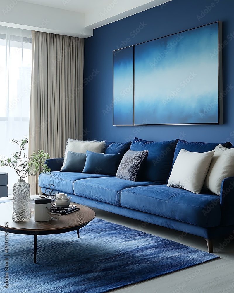 Fototapeta premium Ultramarine fade wall paired with clean-lined furniture and neutral floor-to-ceiling drapes Artistic Deep Focus Living Emotional Cool-Toned Interiors