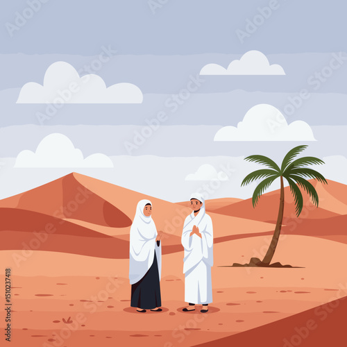 Two individuals, both dressed in white Ihram clothing, are walking together through a desert landscape, possibly during the Hajj pilgrimage in Saudi Arabia.