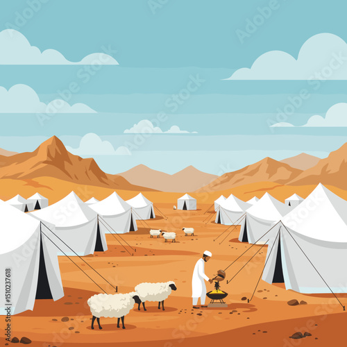 A vast desert landscape filled with white tents, symbolizing the tent cities where pilgrims stay during the Hajj pilgrimage in Saudi Arabia.