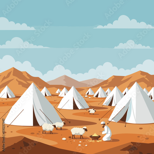 A vast desert landscape filled with white tents, symbolizing the tent cities where pilgrims stay during the Hajj pilgrimage in Saudi Arabia.