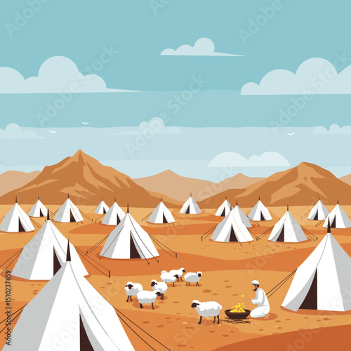 A vast desert landscape filled with white tents, symbolizing the tent cities where pilgrims stay during the Hajj pilgrimage in Saudi Arabia.