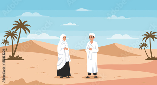 Two individuals, both dressed in white Ihram clothing, are walking together through a desert landscape, possibly during the Hajj pilgrimage in Saudi Arabia.