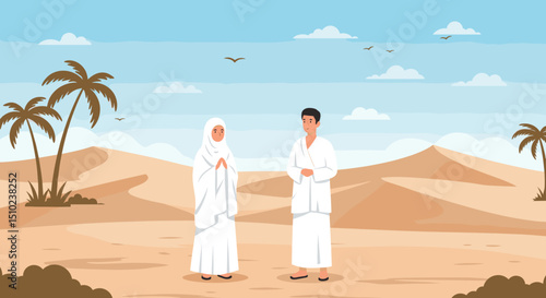 Two individuals, both dressed in white Ihram clothing, are walking together through a desert landscape, possibly during the Hajj pilgrimage in Saudi Arabia.