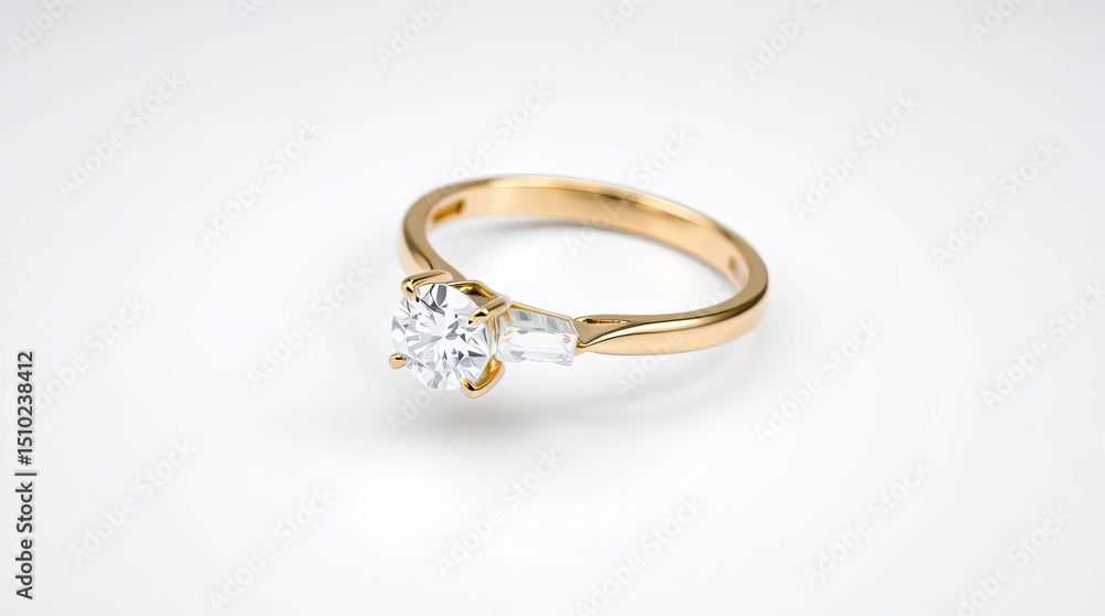 A close up shot of a gold ring with a diamond on a white background in a studio setting A close up shot of a gold ring with a diamond on a white background in a studio setting