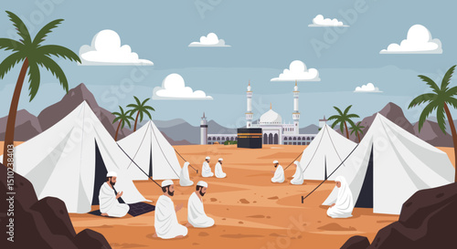 A vast desert landscape filled with white tents, symbolizing the tent cities where pilgrims stay during the Hajj pilgrimage in Saudi Arabia.