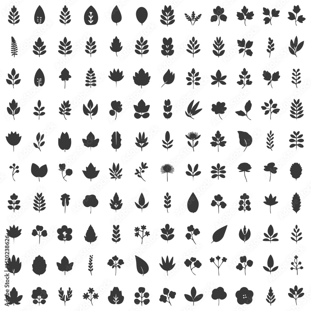 Fototapeta premium Large collection of leaf and flower silhouettes