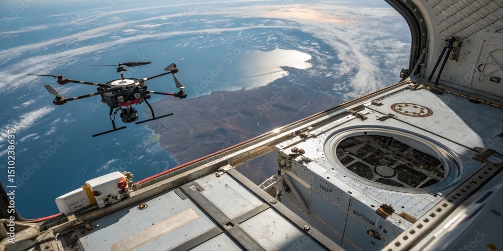 Fototapeta premium Drone operates outside a spacecraft while capturing stunning views of Earth and the ocean from low orbit