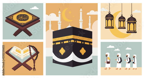 A depiction of the Kaaba in Mecca, a central element of the Hajj pilgrimage, surrounded by the Great Mosque, symbolizing the most sacred site in Islam.