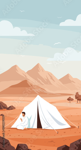 A vast desert landscape filled with white tents, symbolizing the tent cities where pilgrims stay during the Hajj pilgrimage in Saudi Arabia.