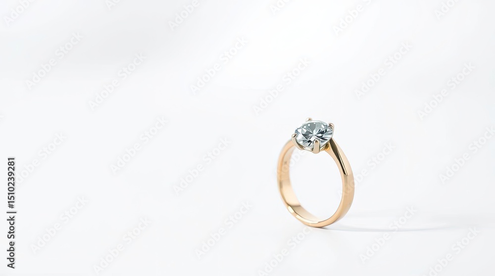 Close up of a gold ring with a large clear stone on a white background in a studio setting Close up of a gold ring with a large clear stone on a white background in a studio setting