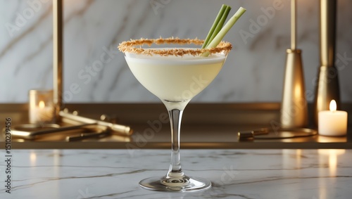 Refreshing Cocktail with Coconut Rim and Lemongrass Garnish on Marble Surface