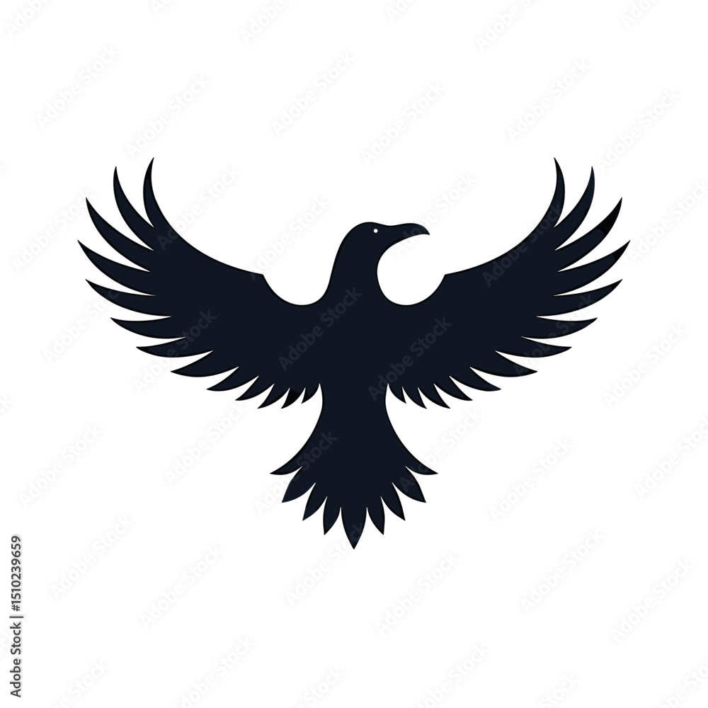 Fototapeta premium Elegant Black Raven Silhouette with Spread Wings, Minimalist Vector Illustration on White Background