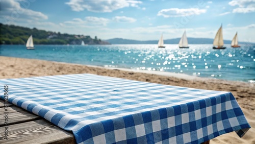 Beach scene with blue - white checkered tablecloth, sailboats on ocean, sandy shore, sunny sky, and natural scenery for leisure.
