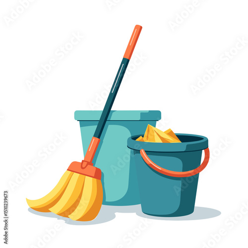 Illustration of a mop with a bucket of cleaning cloths, depicting household chores and cleaning supplies