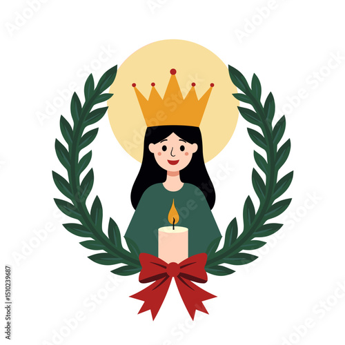 Illustration of a Woman with a Crown and Candle within a Wreath, Symbolizing Religious Devotion and Celebration
