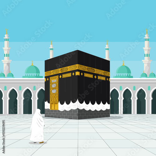  A depiction of the Kaaba in Mecca, a central element of the Hajj pilgrimage, surrounded by the Great Mosque, symbolizing the most sacred site in Islam.
